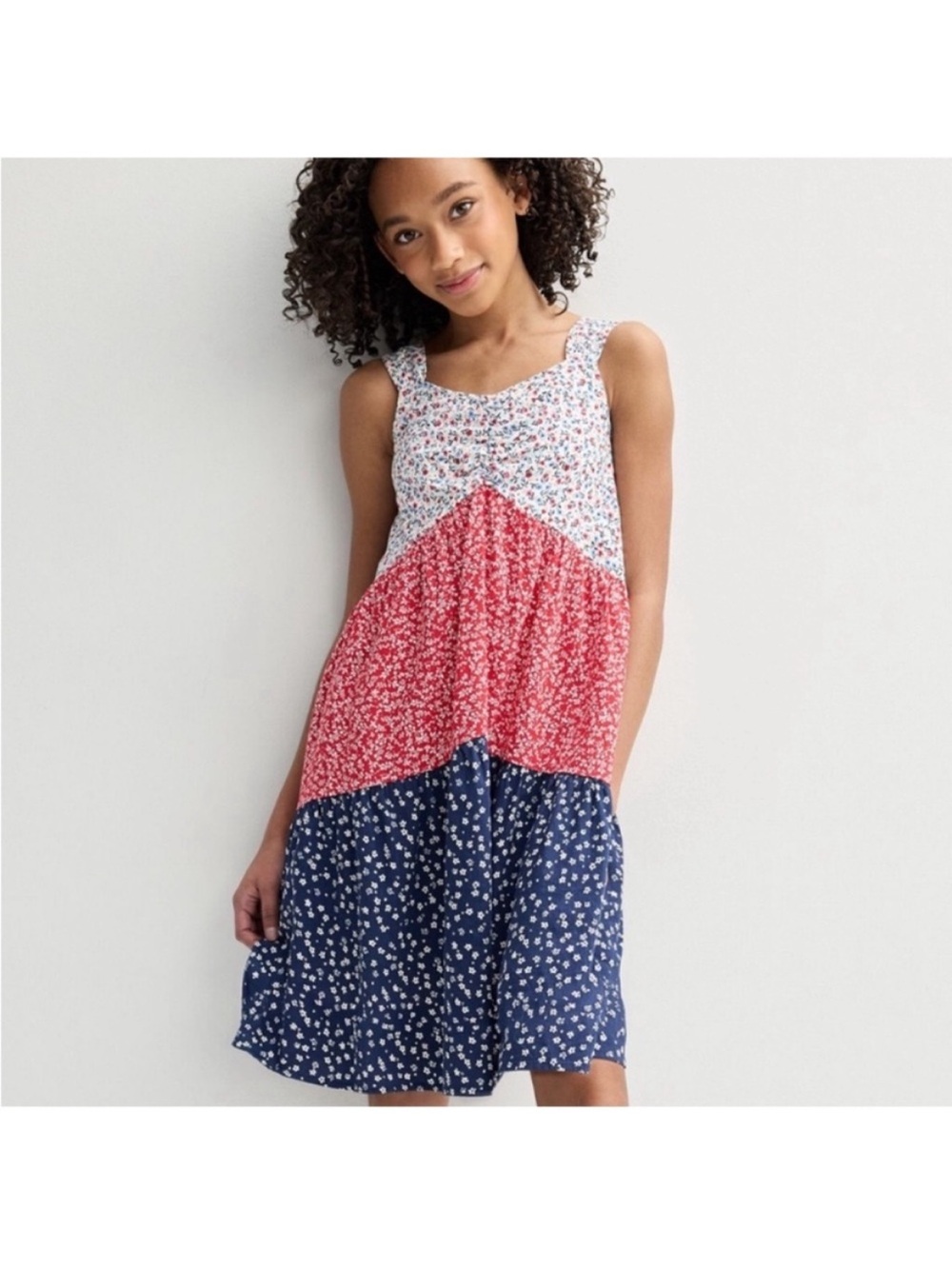 SO Girls' Mixed Floral Tiered Dress - Red, White & Blue